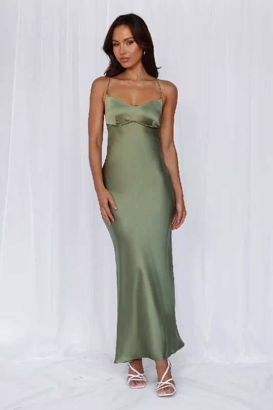 HELLO MOLLY The Samara Satin Maxi Dress Olive