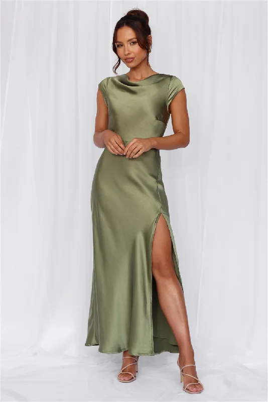 HELLO MOLLY The Valentina Cap Sleeve Satin Maxi Dress Olive