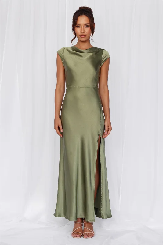 HELLO MOLLY The Valentina Cap Sleeve Satin Maxi Dress Olive