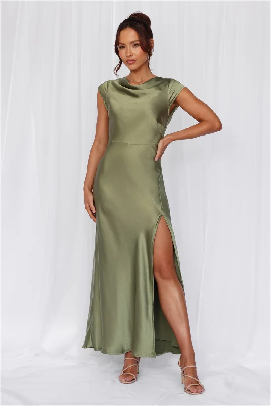 HELLO MOLLY The Valentina Cap Sleeve Satin Maxi Dress Olive