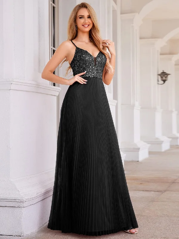 High-Waist V-Neck Sequined Bodice Sleeveless Backless Formal Evening Dress