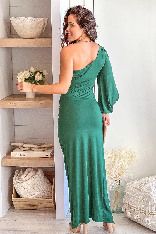 Hunter Green One Shoulder Long Sleeve Maxi Dress With Slit