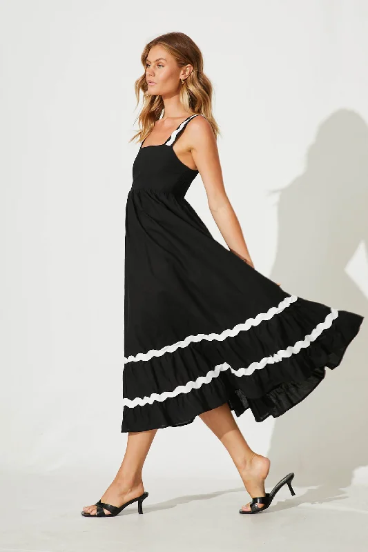 Idol Midi Sundress In Black With White Ric Rac Trim Cotton