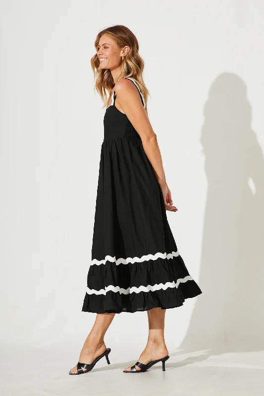 Idol Midi Sundress In Black With White Ric Rac Trim Cotton