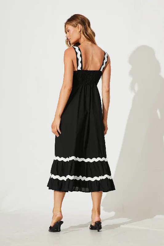 Idol Midi Sundress In Black With White Ric Rac Trim Cotton