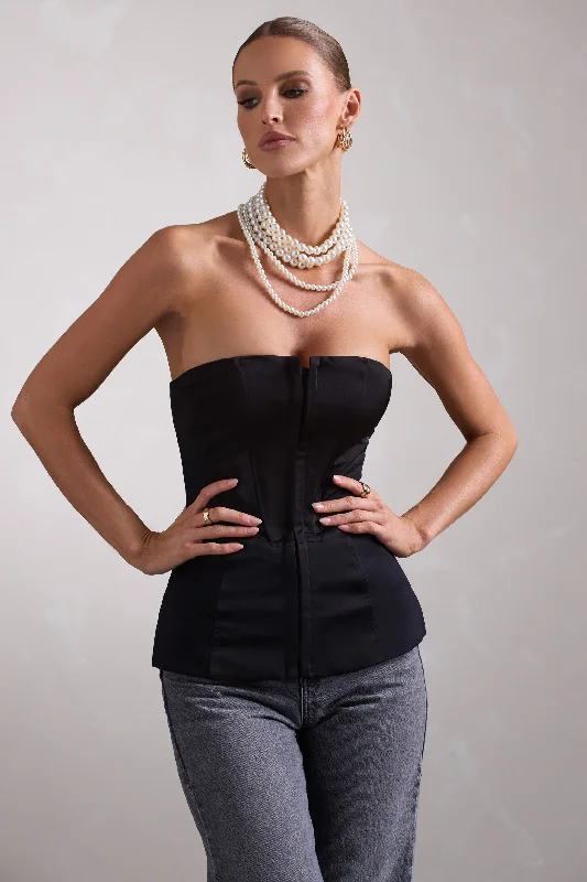 Illusive | Black Satin-Blend Strapless Panelled Corset Top