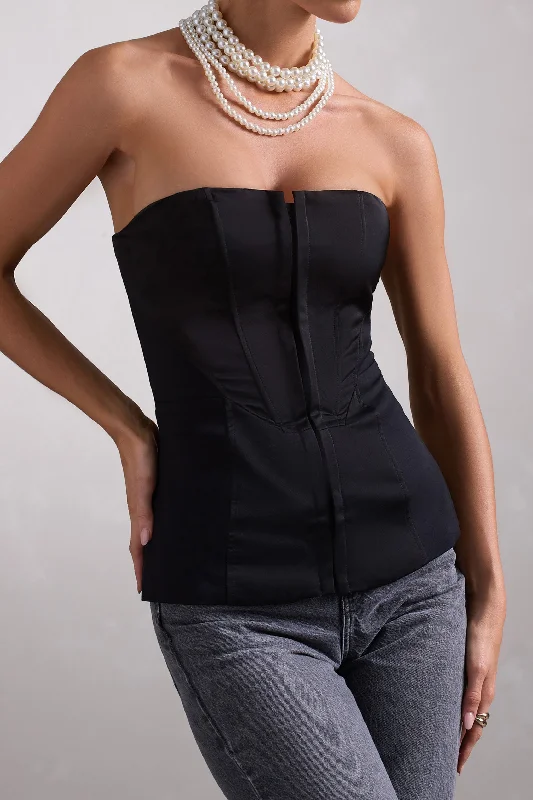 Illusive | Black Satin-Blend Strapless Panelled Corset Top