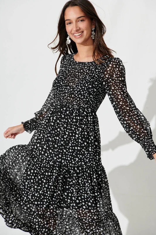 Jaseline Midi Dress In Black With White Spot