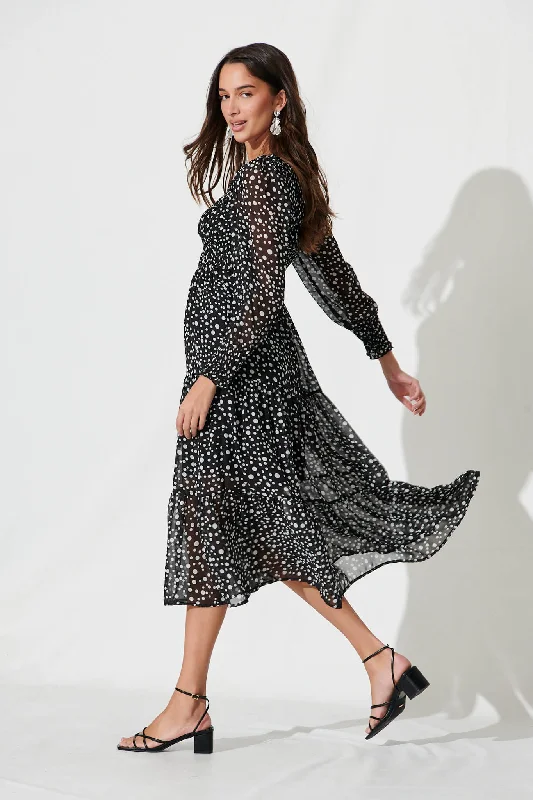 Jaseline Midi Dress In Black With White Spot