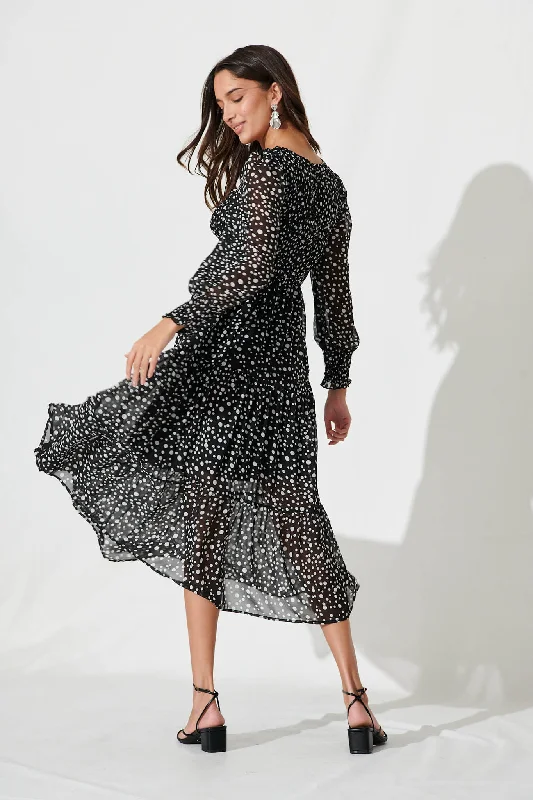 Jaseline Midi Dress In Black With White Spot