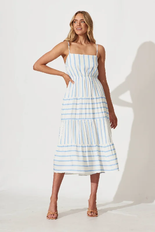 Joanna Midi Sundress In White And Blue Stripe Linen Blend