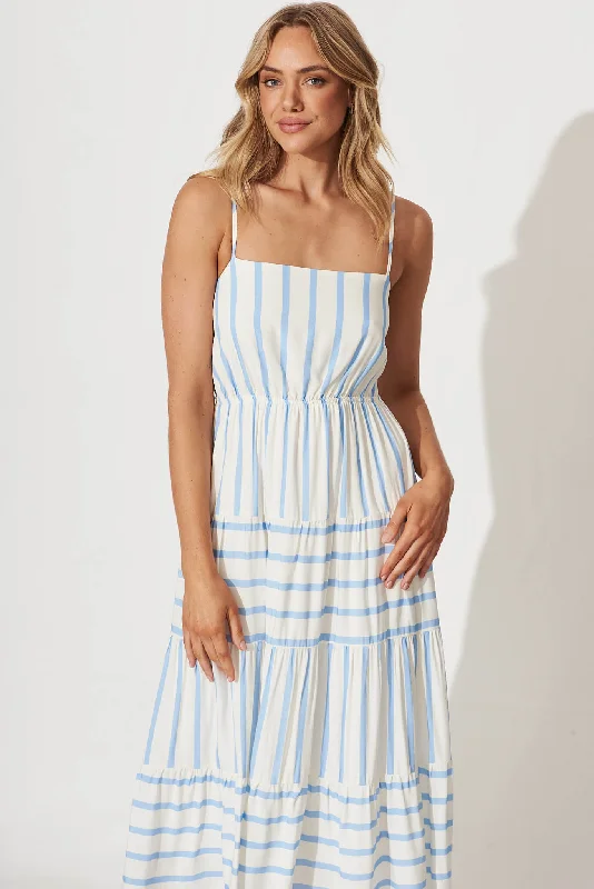 Joanna Midi Sundress In White And Blue Stripe Linen Blend