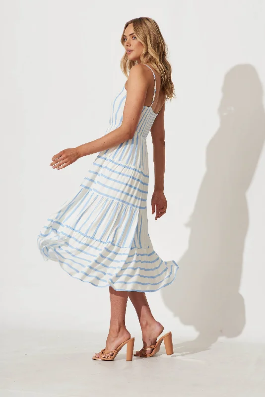 Joanna Midi Sundress In White And Blue Stripe Linen Blend