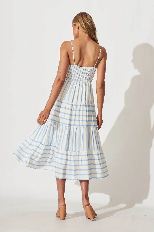 Joanna Midi Sundress In White And Blue Stripe Linen Blend