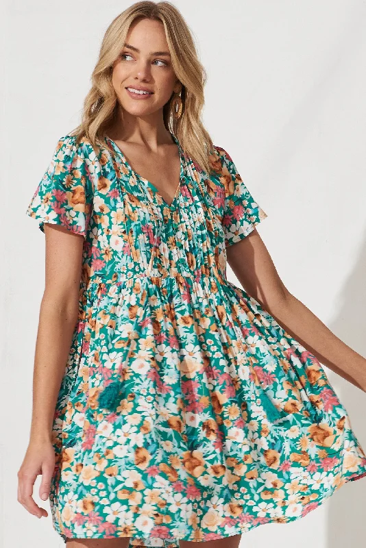 Keily Smock Dress In Green With Peach Floral