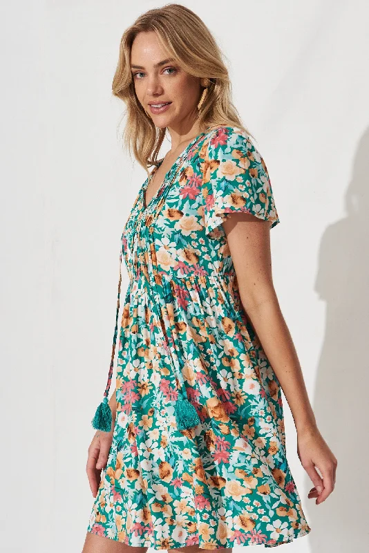 Keily Smock Dress In Green With Peach Floral