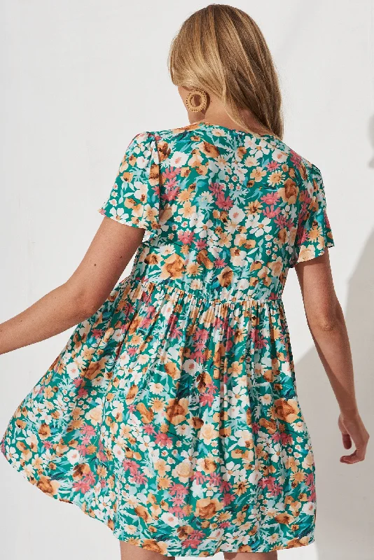 Keily Smock Dress In Green With Peach Floral