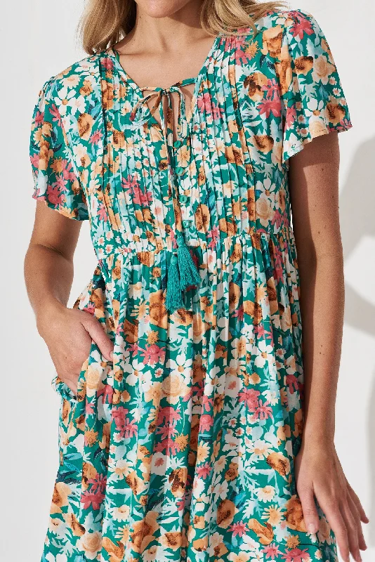 Keily Smock Dress In Green With Peach Floral