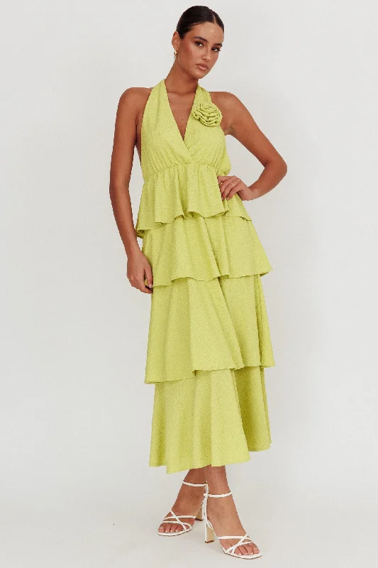 Kimberley Halter Neck Ruffle Maxi Dress Matcha