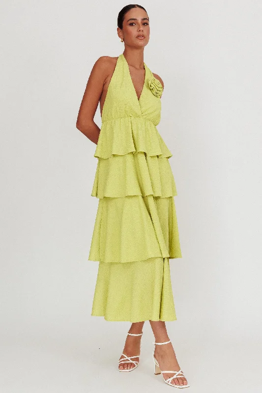 Kimberley Halter Neck Ruffle Maxi Dress Matcha