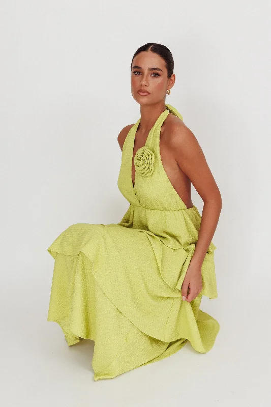 Kimberley Halter Neck Ruffle Maxi Dress Matcha