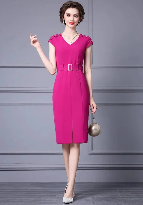 Kori V-Neck Garment Sleeve Sashes Dress High Street Rose Red+Khaki Temperament Dress