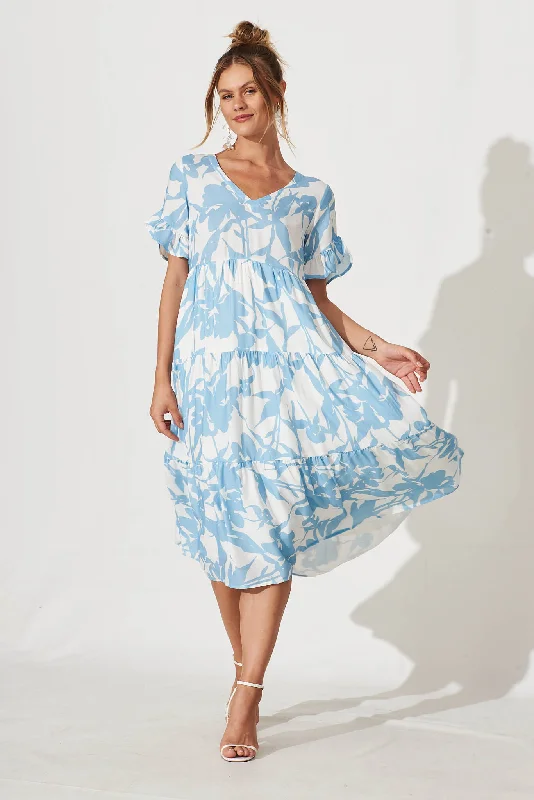 Kristen Midi Dress In White With Blue Floral Linen Blend