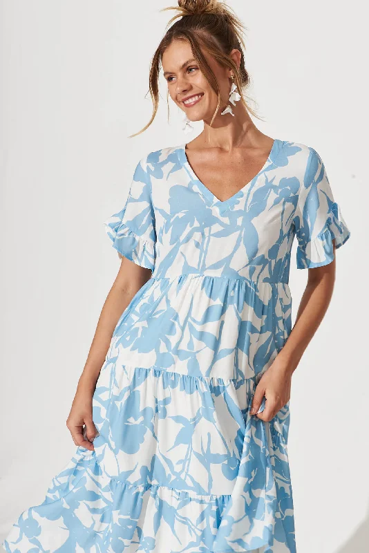 Kristen Midi Dress In White With Blue Floral Linen Blend