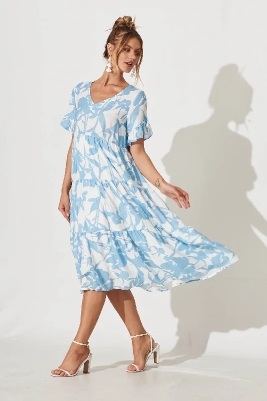 Kristen Midi Dress In White With Blue Floral Linen Blend