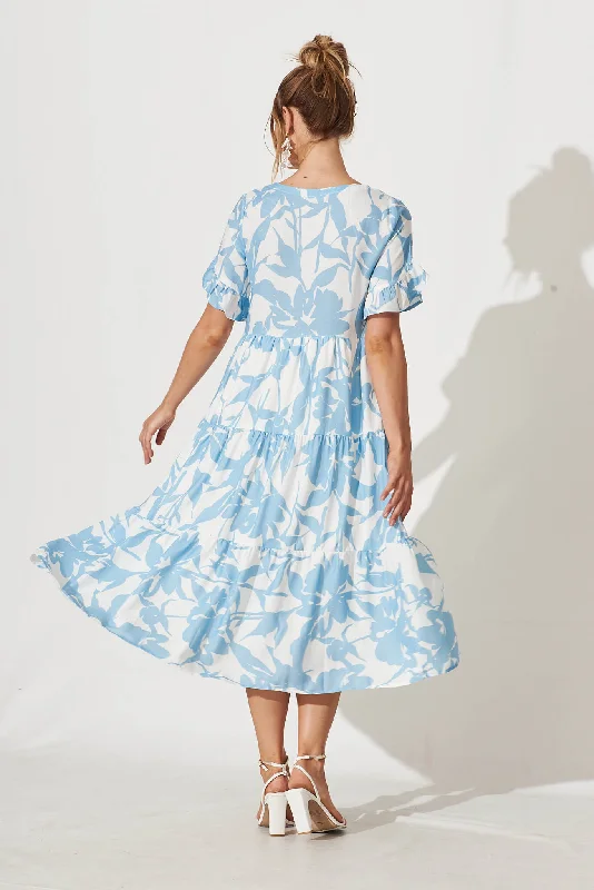 Kristen Midi Dress In White With Blue Floral Linen Blend