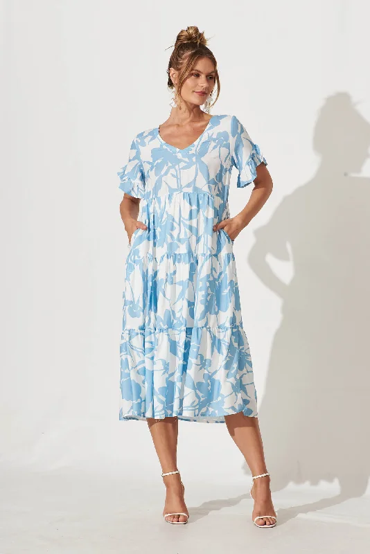 Kristen Midi Dress In White With Blue Floral Linen Blend