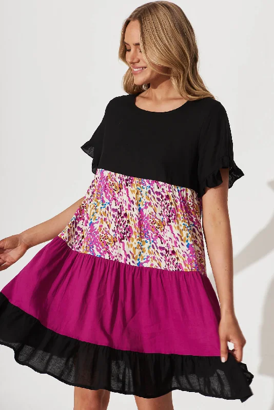 Krystin Dress In Black With Magenta Print