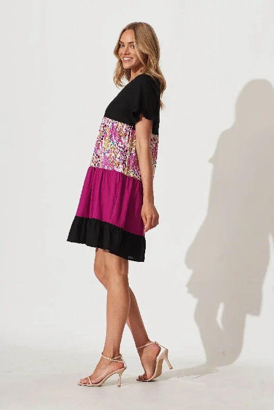 Krystin Dress In Black With Magenta Print