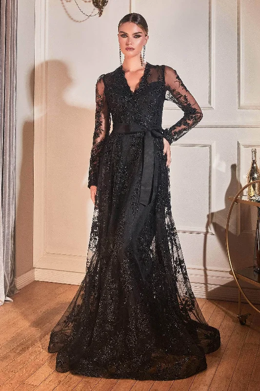 Ladivine CD233 - Embellished Long Sleeve V-neck Gown