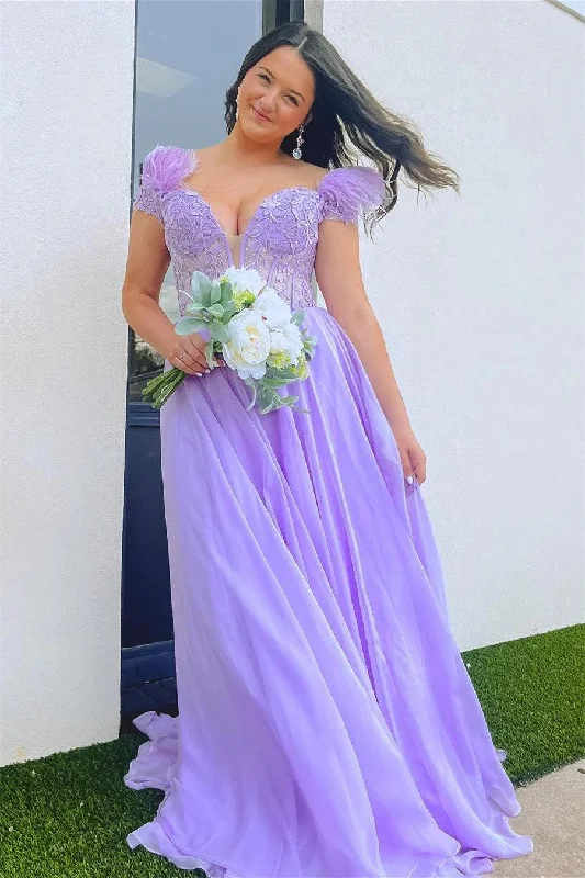 A-line Lavender Plunging Off-the-Shoulder Feathers  Long Prom Dress  PSK433