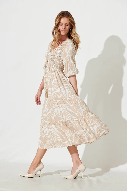 Linda Midi Dress In Taupe With White Leaf Print