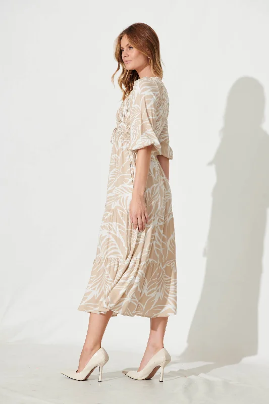 Linda Midi Dress In Taupe With White Leaf Print