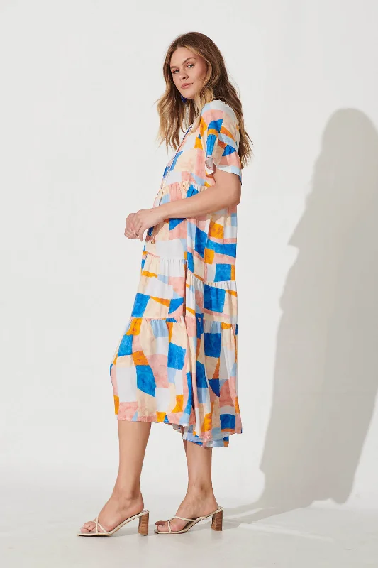 Lindy Midi Smock Dress In Abstract Squares Print