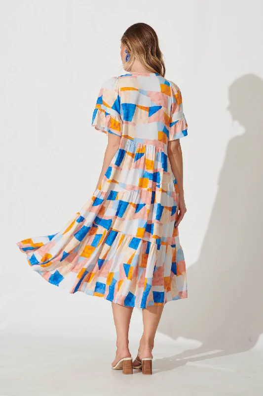 Lindy Midi Smock Dress In Abstract Squares Print