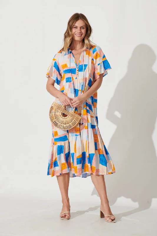 Lindy Midi Smock Dress In Abstract Squares Print