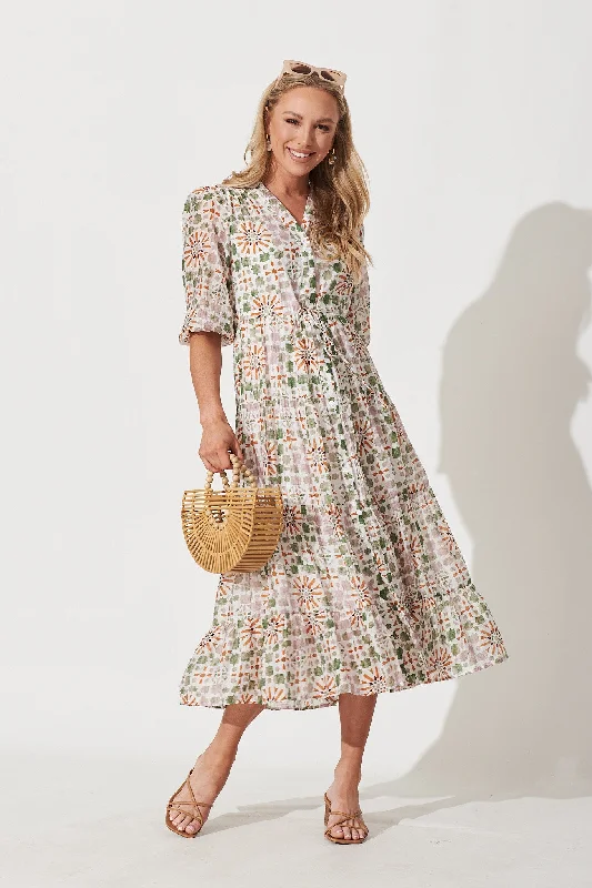 Lizzo Midi Shirt Dress In White With Khaki Tile Print