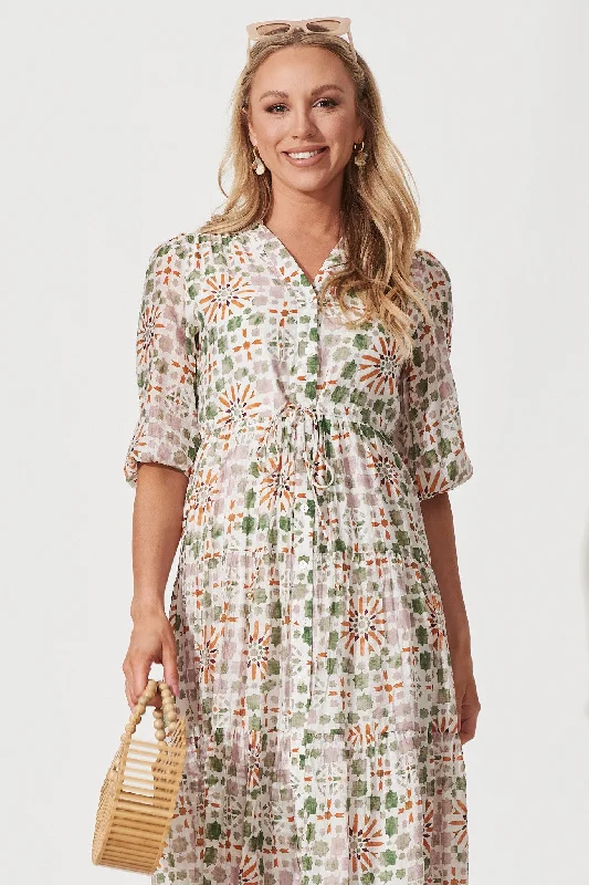 Lizzo Midi Shirt Dress In White With Khaki Tile Print