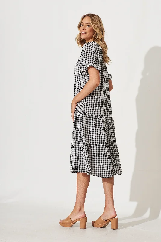 Louisa Midi Smock Dress In Black And White Gingham Cotton Blend