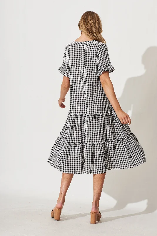 Louisa Midi Smock Dress In Black And White Gingham Cotton Blend