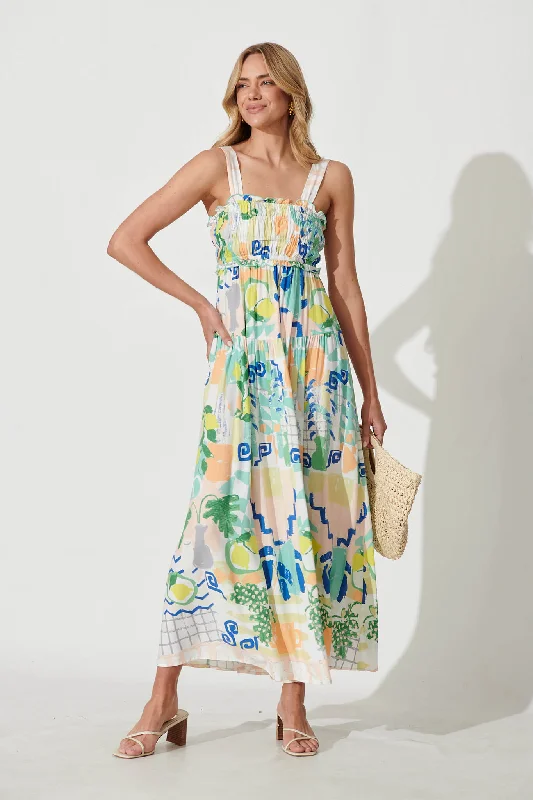 Luisa Maxi Sundress In Multi Mediterranean Garden Print