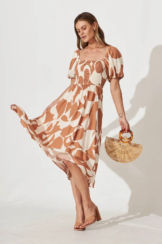 Mariam Midi Dress In Tan With Cream Geometric Print