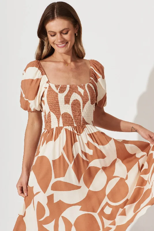 Mariam Midi Dress In Tan With Cream Geometric Print