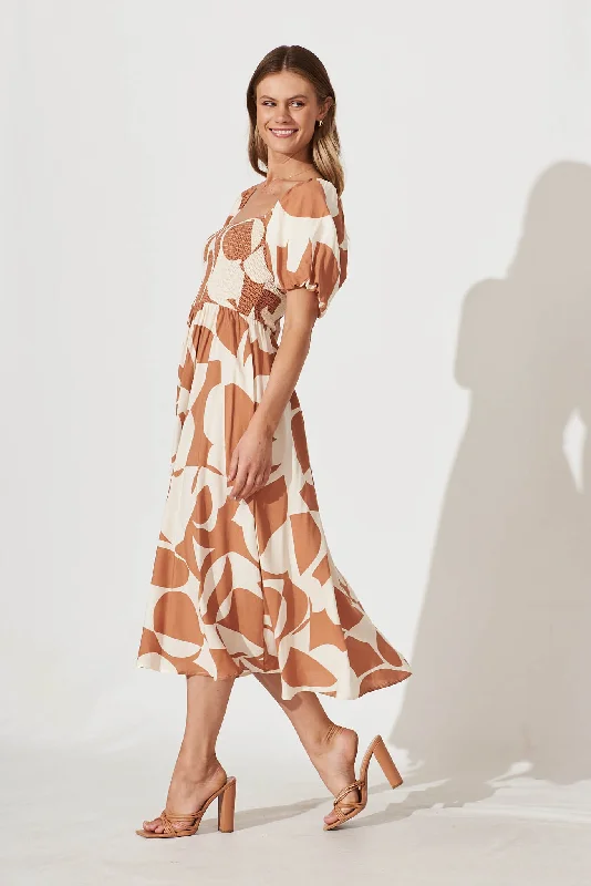 Mariam Midi Dress In Tan With Cream Geometric Print