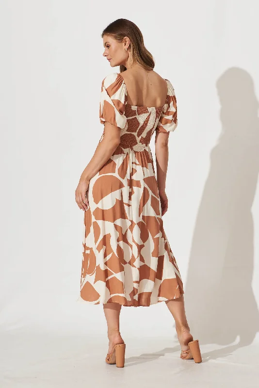 Mariam Midi Dress In Tan With Cream Geometric Print