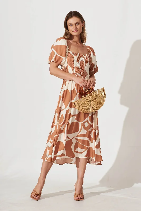 Mariam Midi Dress In Tan With Cream Geometric Print